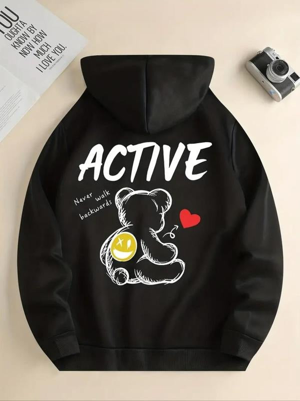 Women'WB shield Cartoon Bear & Heart Print Drop Shoulder Hoodie, Fashion Casual Drawstring Pocket Hooded Sweatshirt for...