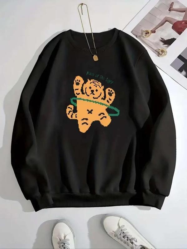 Women'WB shield Cartoon Bear & Letter Print Crew Neck Sweatshirt, Casual Long Sleeve Pullover for Daily Wear, Ladies TNF...