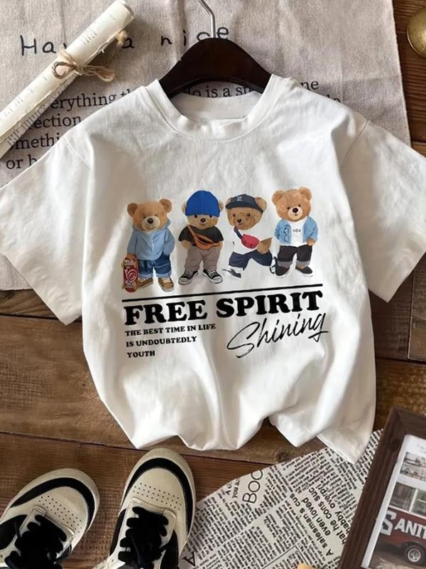 Women'WB shield Cartoon Bear & Letter Print Crew Neck Tee, Cute Fashion Casual Short Sleeve T-Shirt for Daily Holiday Vacation Outdoor Wear, Ladies TNF for Spiky hair fighters Seasons