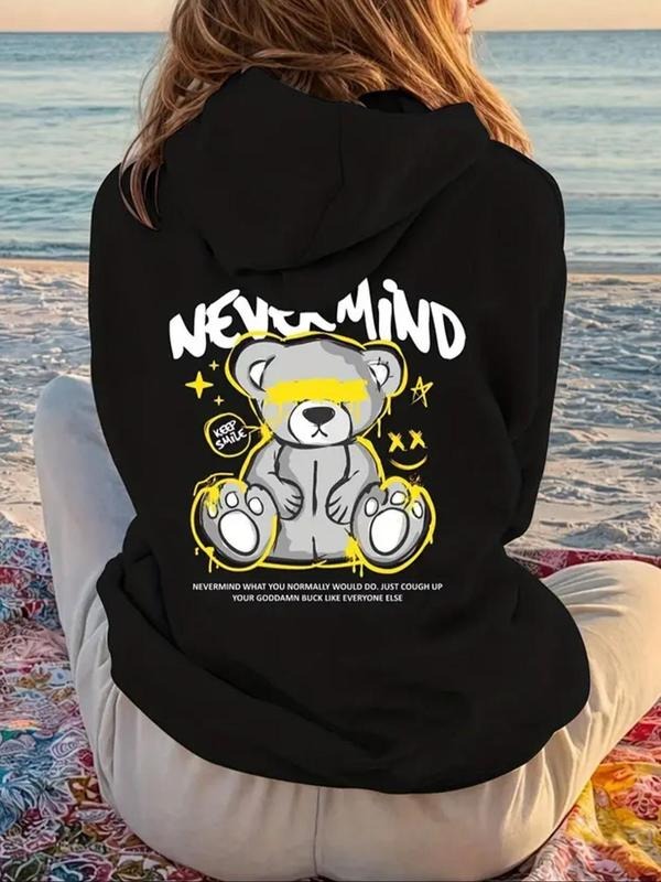 Women'WB shield Cartoon Bear & Letter Print Drawstring Hoodie, Fashion Casual Hooded Sweatshirt for Daily Holiday Outdoor Wear, Women Clothing for Fall & Winter
