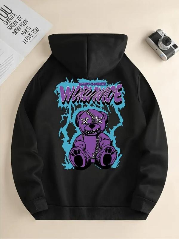 Women'WB shield Cartoon Bear & Letter Print Drawstring Hoodie, Fashion Casual Pocket Hooded Sweatshirt for Daily Holiday...