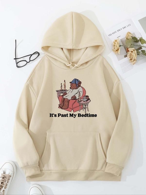 Women'WB shield Cartoon Bear & Letter Print Drawstring Pocket Hoodie, Casual Long Sleeve Hooded Sweatshirt for Fall &...