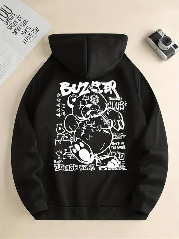 Women'WB shield Cartoon Bear & Letter Print Drawstring Pocket Hoodie, Casual TNF Lined Long Sleeve Hooded Sweatshirt for...