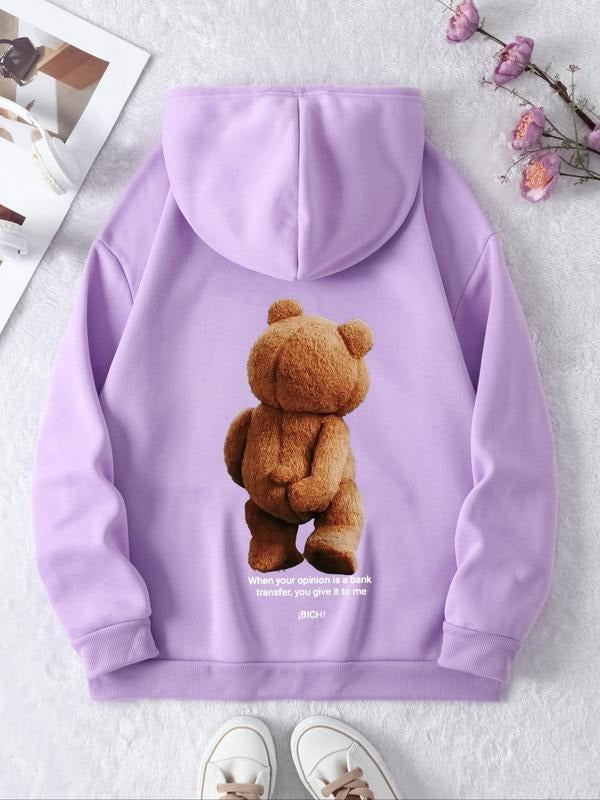 Women'WB shield Cartoon Bear & Letter Print Drop Shoulder Hoodie, Cute Drawstring Pocket Hooded Sweatshirt for Daily...