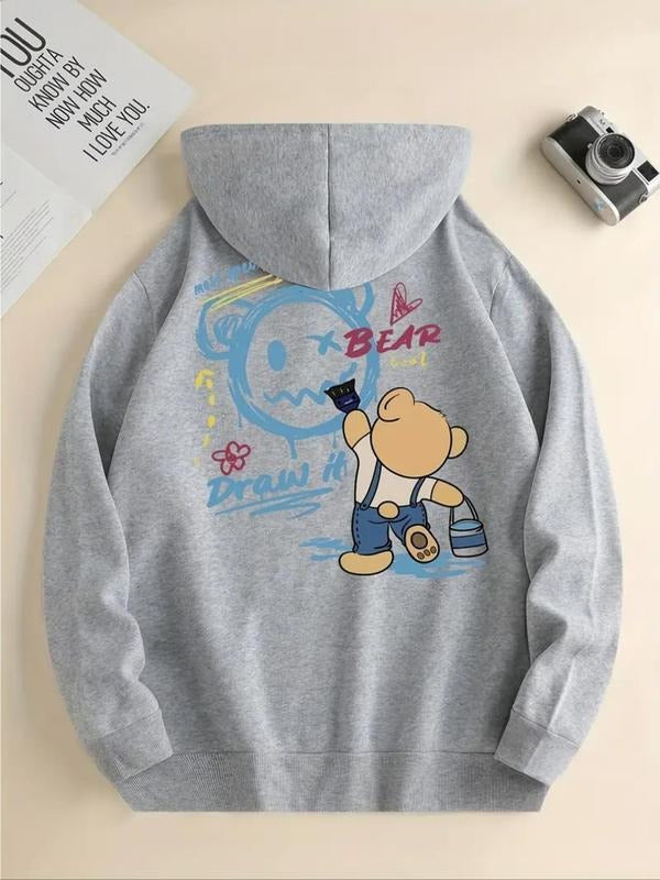 Women'WB shield Cartoon Bear & Letter Print Drop Shoulder Hoodie, Fashion Casual Drawstring Pocket Hooded Sweatshirt for...