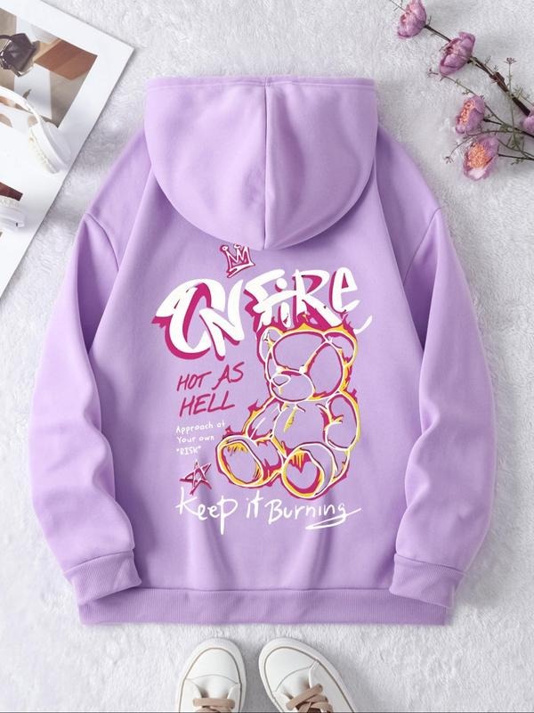 Women'WB shield Cartoon Bear & Letter Print Drop Shoulder Hoodie, Fashion Casual Drawstring Pocket Hooded Sweatshirt for...