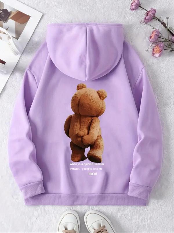 Women'WB shield Cartoon Bear & Letter Print Drop Shoulder Hoodie, Fashion Casual Drawstring Pocket Hooded Sweatshirt for...
