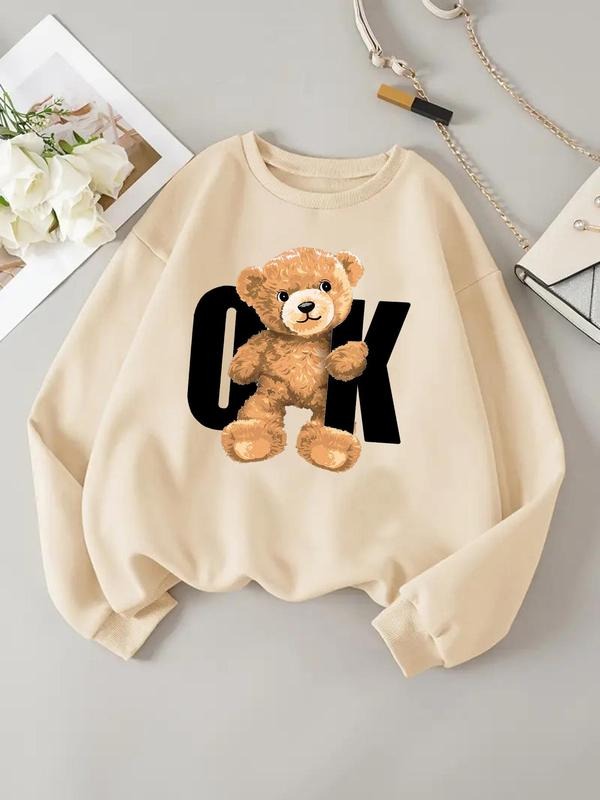 Women'WB shield Cartoon Bear & Letter Print Drop Shoulder Sweatshirt, Casual Long Sleeve Round Neck Pullover for Fall &...
