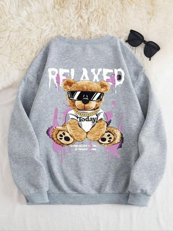 Women'WB shield Cartoon Bear & Letter Print Drop Shoulder Sweatshirt, Fashion Casual Crew Neck Long Sleeve Pullover for...