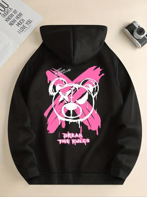 Women'WB shield Cartoon Bear & Letter Print Pocket Hoodie, Fashion Casual Drawstring Hooded Sweatshirt for Daily Holiday...