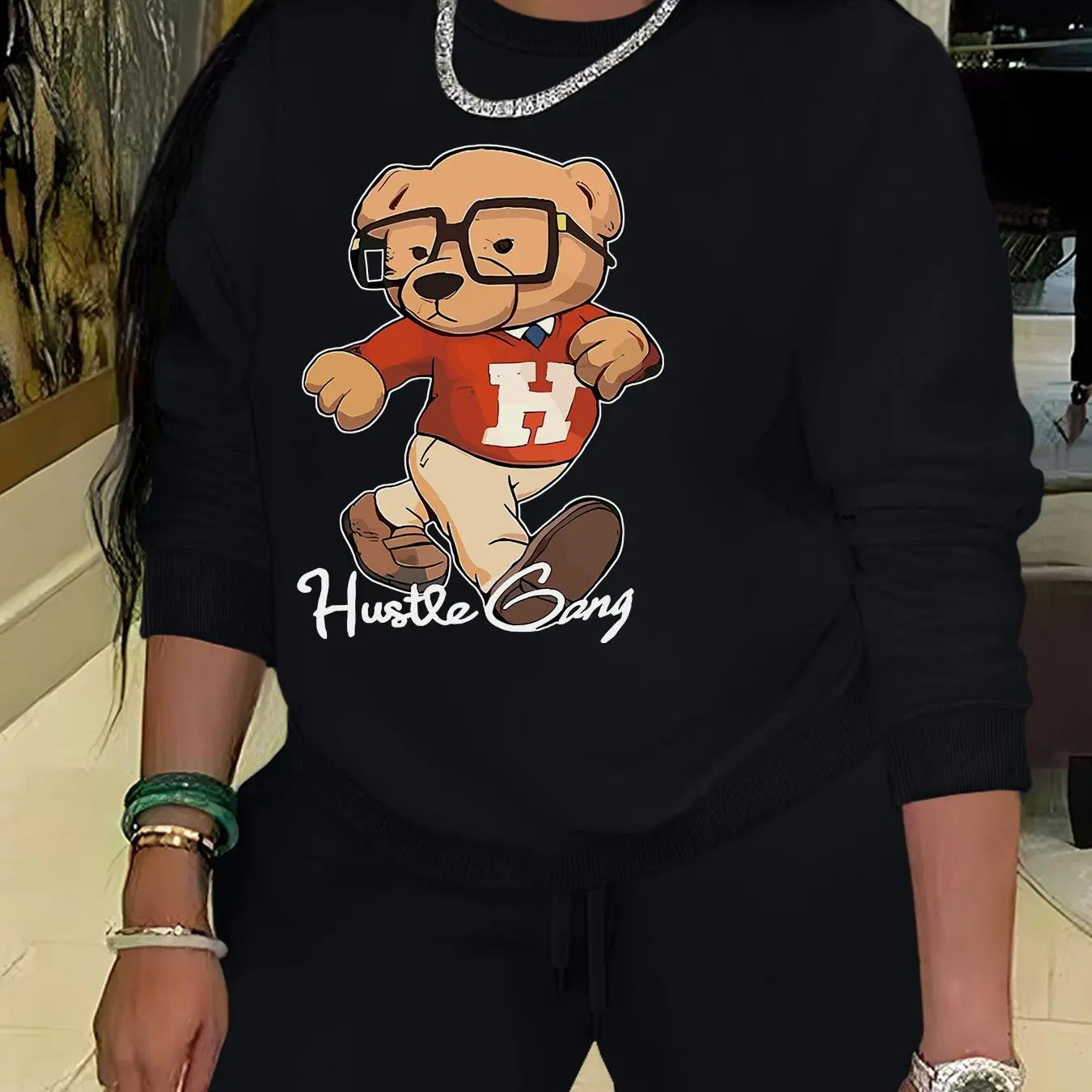 Women'WB shield Cartoon Bear & Letter Print Round Neck Sweatshirt, Casual Long Sleeve Pullover, Women'WB shield Fall &...
