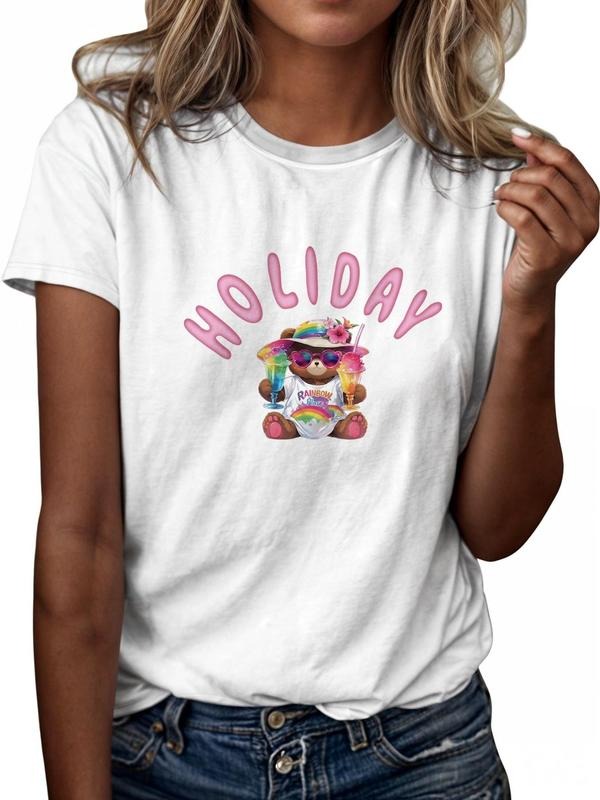 Women'WB shield Cartoon Bear & Letter Print Round Neck Tee, Cute Crew Neck Short Sleeve T-Shirt, Ladies TNF for Spiky...