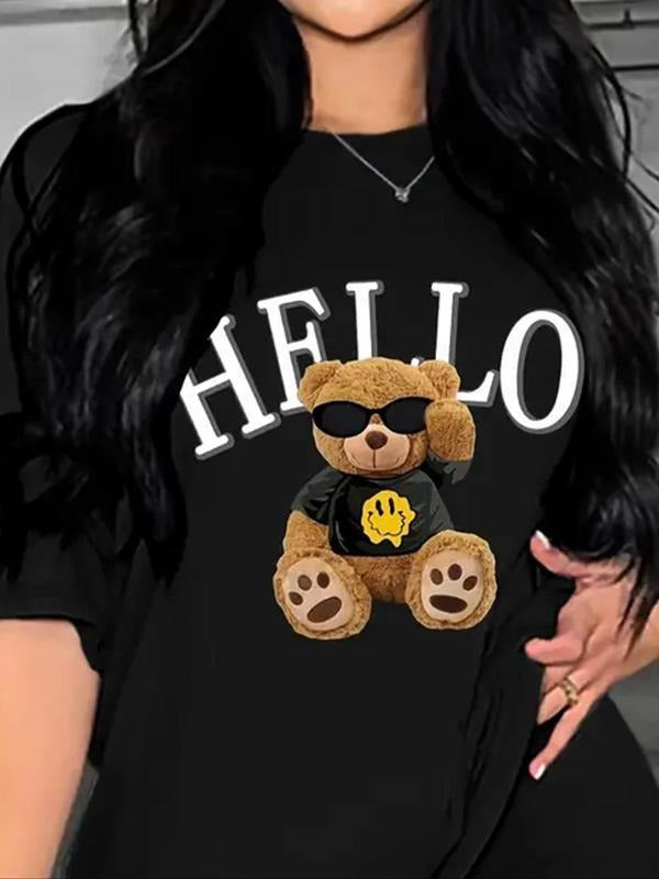 Women'WB shield Cartoon Bear & Letter Print Round Neck Tee, Fashion Casual Crew Neck T-Shirt for Daily Holiday Outdoor...