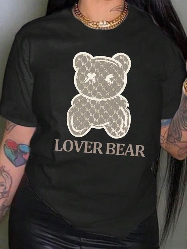 Women'WB shield Cartoon Bear & Letter Print Short Sleeve Tee, Casual Graphic Round Neck T-Shirt for Summer, Fashion Women'WB shield Top for Daily Wear