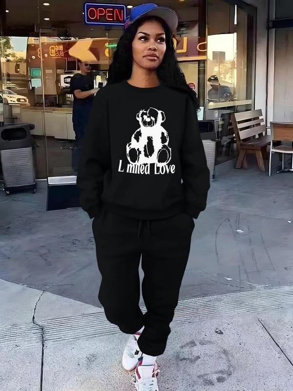 Women'WB shield Cartoon Bear & Letter Print Sweatshirt & Drawstring Waist Sweatpants Set, Casual Fashion Cozy Round Neck...