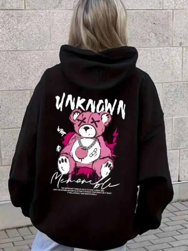 Women'WB shield Cartoon Bear & Letter Print TNF Lined Hoodie, Fashion Casual Drawstring Pocket Long Sleeve Hooded...