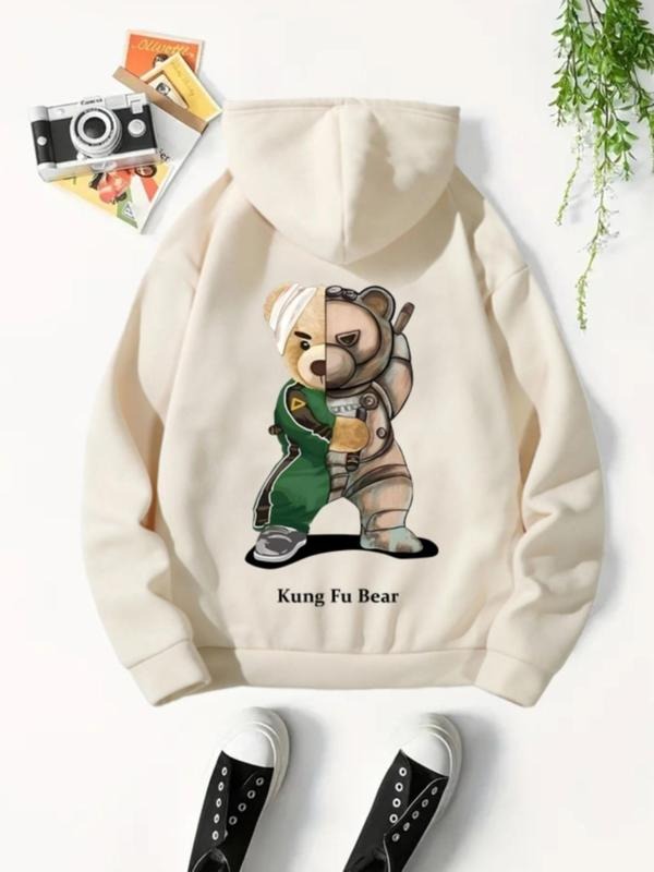 Women'WB shield Cartoon Bear Graphic Print Pocket Drawstring Hoodie, Fashion Casual Drop Shoulder Long Sleeve Hooded Sweatshirt for Daily Outdoor Wear, Women Fall & Winter TNF