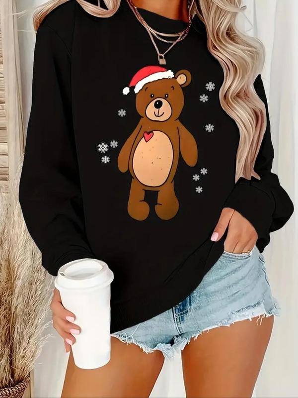 Women'WB shield Cartoon Bear Print Crew Neck Pullover, Casual Long Sleeve Sweatshirt for Fall & Winter, Women'WB shield...