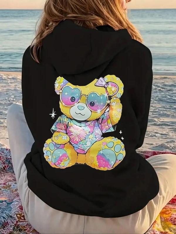 Women'WB shield Cartoon Bear Print Drawstring Hoodie, Fashion Casual Hooded Sweatshirt for Daily Holiday Outdoor Wear,...