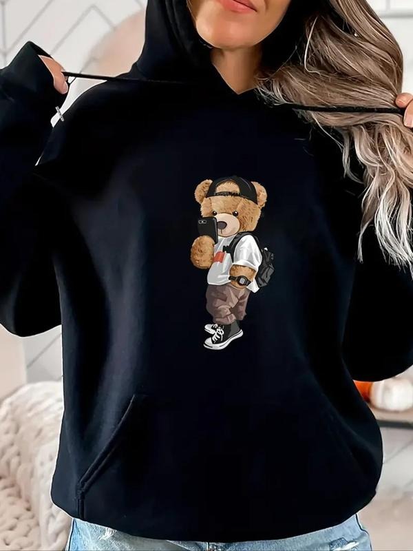 Women'WB shield Cartoon Bear Print Drawstring Pocket Hoodie, Casual Long Sleeve Hooded Sweatshirt for Fall & Winter,...