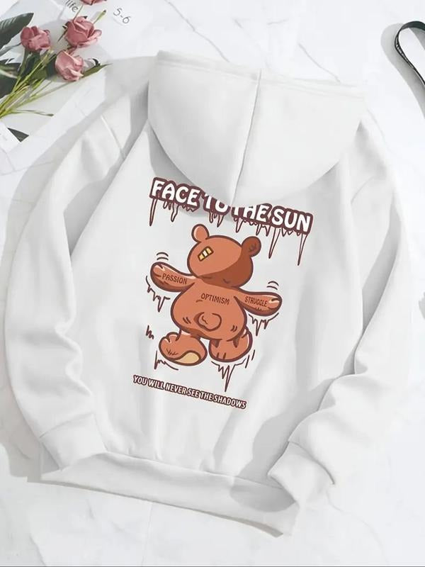Women'WB shield Cartoon Bear Print Drop Shoulder Hoodie, Fashion Casual Drawstring Pocket Hooded Sweatshirt for Daily...