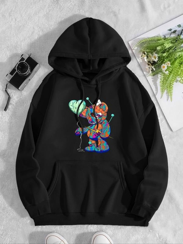 Women'WB shield Cartoon Bear Print Drop Shoulder Hoodie, Fashion Casual Drawstring Pocket Hooded Sweatshirt for Daily...