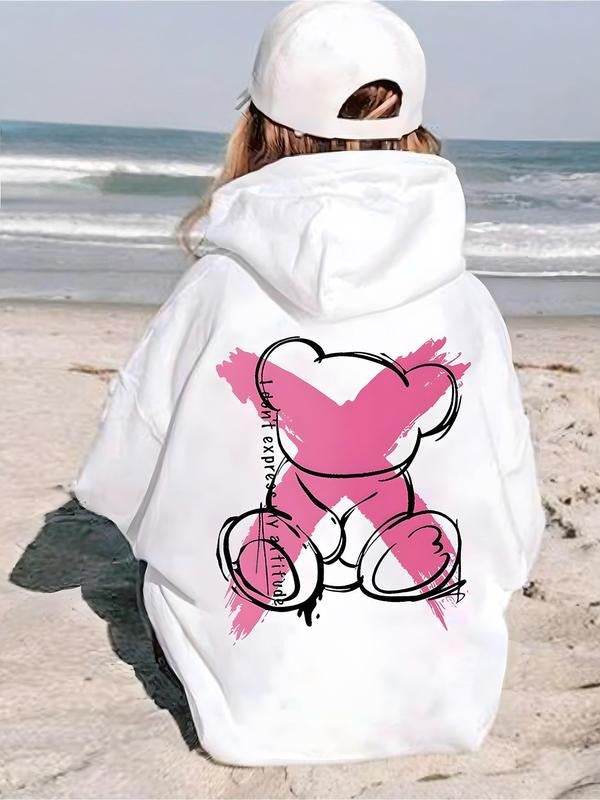 Women'WB shield Cartoon Bear Print Drop Shoulder Hoodie, Fashion Casual Hooded Sweatshirt for Daily Holiday Outdoor Wear,...