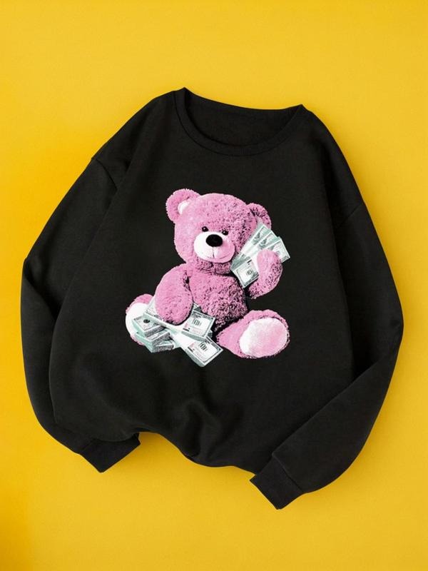 Women'WB shield Cartoon Bear Print Drop Shoulder Pullover, Fashion Casual Crew Neck Sweatshirt for Holiday Outdoor Wear,...