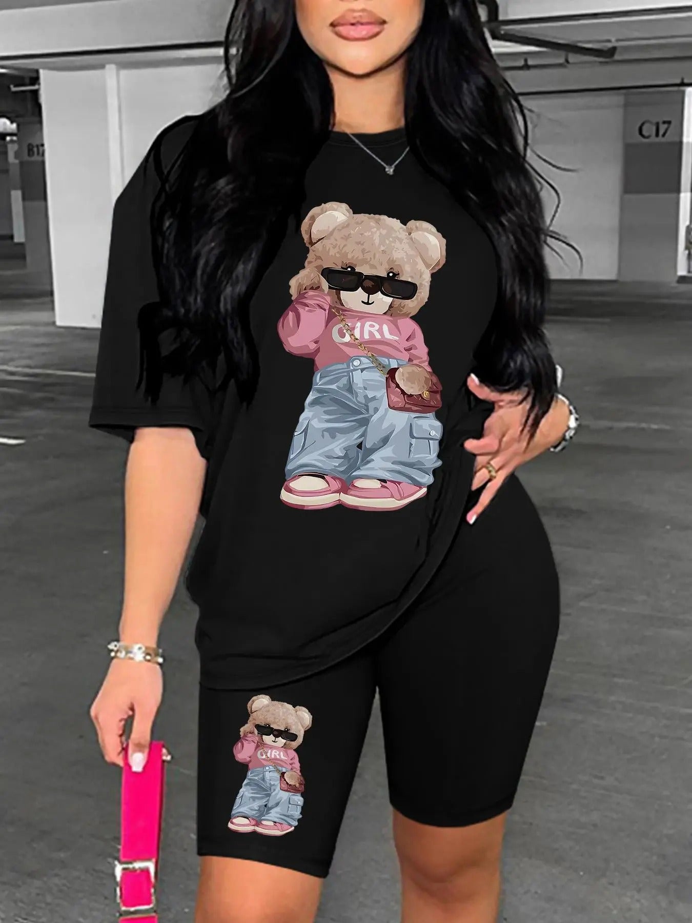 Women'WB shield Cartoon Bear Print Drop Shoulder Tee & Skinny Shorts Set, Cute Fashion Cozy Round Neck Short Sleeve...