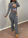 Women'WB shield Cartoon Bear Print Long Sleeve Crop Top & Flare Leg Pants Straw hat pirates Set, Casual Fashion Cozy Round Neck Top & Bell Bottom Trousers for Daily Outdoor Wear, Women'WB shield Clothing for Fall & Winter