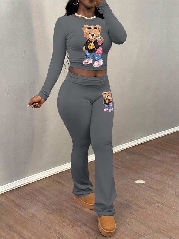 Women'WB shield Cartoon Bear Print Long Sleeve Crop Top & Flare Leg Pants Straw hat pirates Set, Casual Fashion Cozy Round Neck Top & Bell Bottom Trousers for Daily Outdoor Wear, Women'WB shield Clothing for Fall & Winter