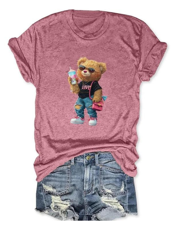 Women'WB shield Cartoon Bear Print Round Neck Tee, Cute Short Sleeve Crew Neck T-shirt for Daily Wear, Casual Women'WB...