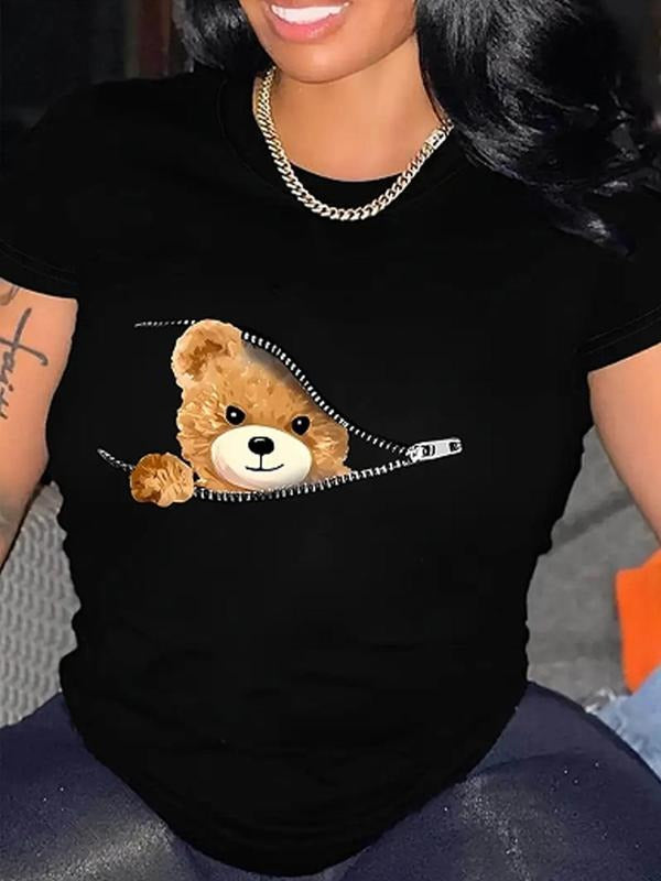 Women'WB shield Cartoon Bear Print Round Neck Tee, Summer Outfits 2024 for Lady, Casual Crew Neck Short Sleeve Tee for...