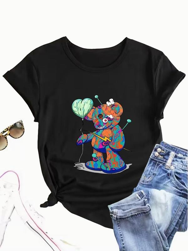 Women'WB shield Cartoon Bear Print Round Neck Tee, Summer TNF Women Fashion Casual Crew Neck Short Sleeve T-Shirt for...