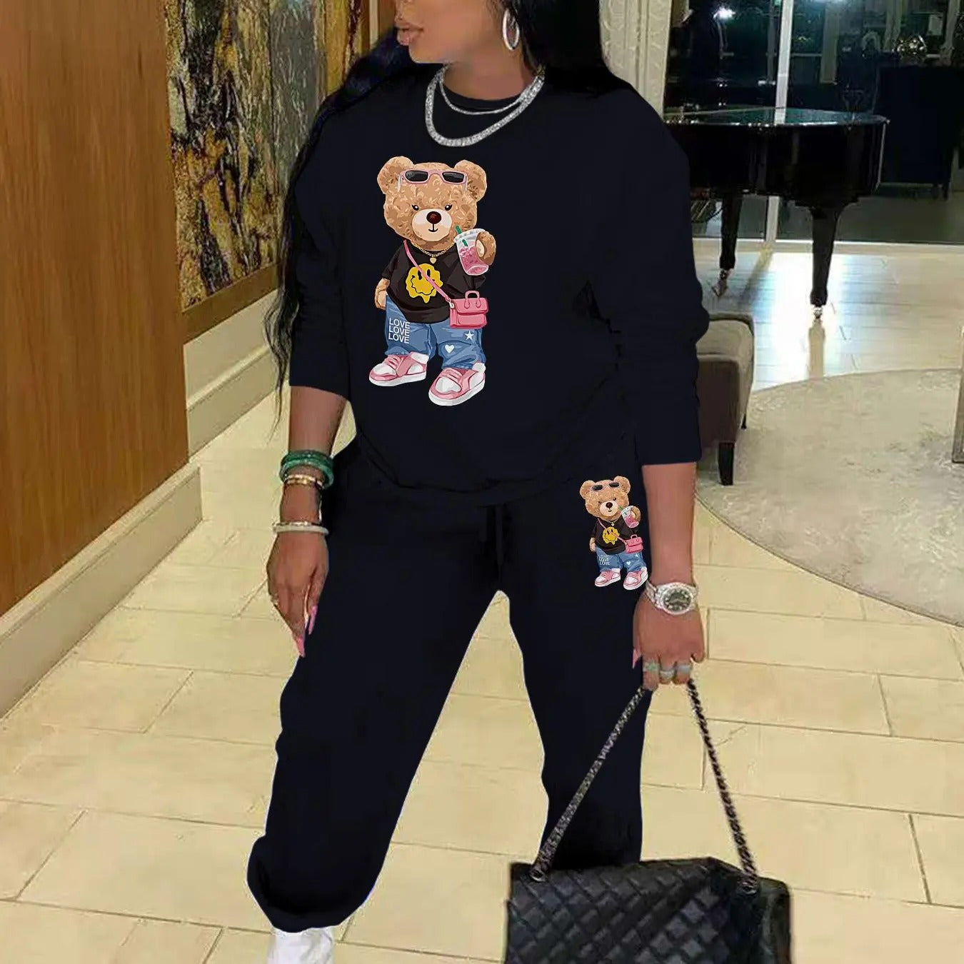 Women'WB shield Cartoon Bear Print Sweatshirt & Elastic Waist Sweatpants Set, Casual Fashion Cozy Round Neck Long Sleeve...