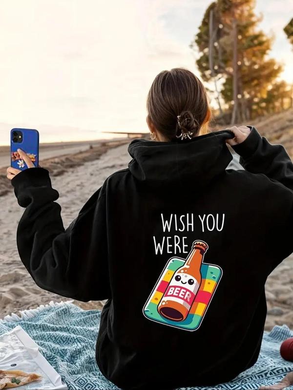 Women'WB shield Cartoon Beer & Letter Print Drawstring Hoodie, Fashion Casual Hooded Sweatshirt for Daily Holiday Outdoor...