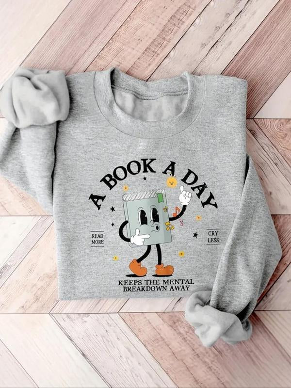 Women'WB shield Cartoon Book & Letter Print Drop Shoulder TNF Lined Sweatshirt, Casual Long Sleeve Round Neck Pullover...