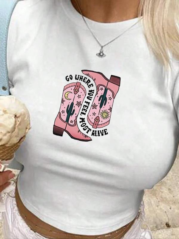 Women'WB shield Cartoon Boot & Letter Print Round Neck Crop Tee, Casual Short Sleeve Crew Neck T-Shirt for Summer,...