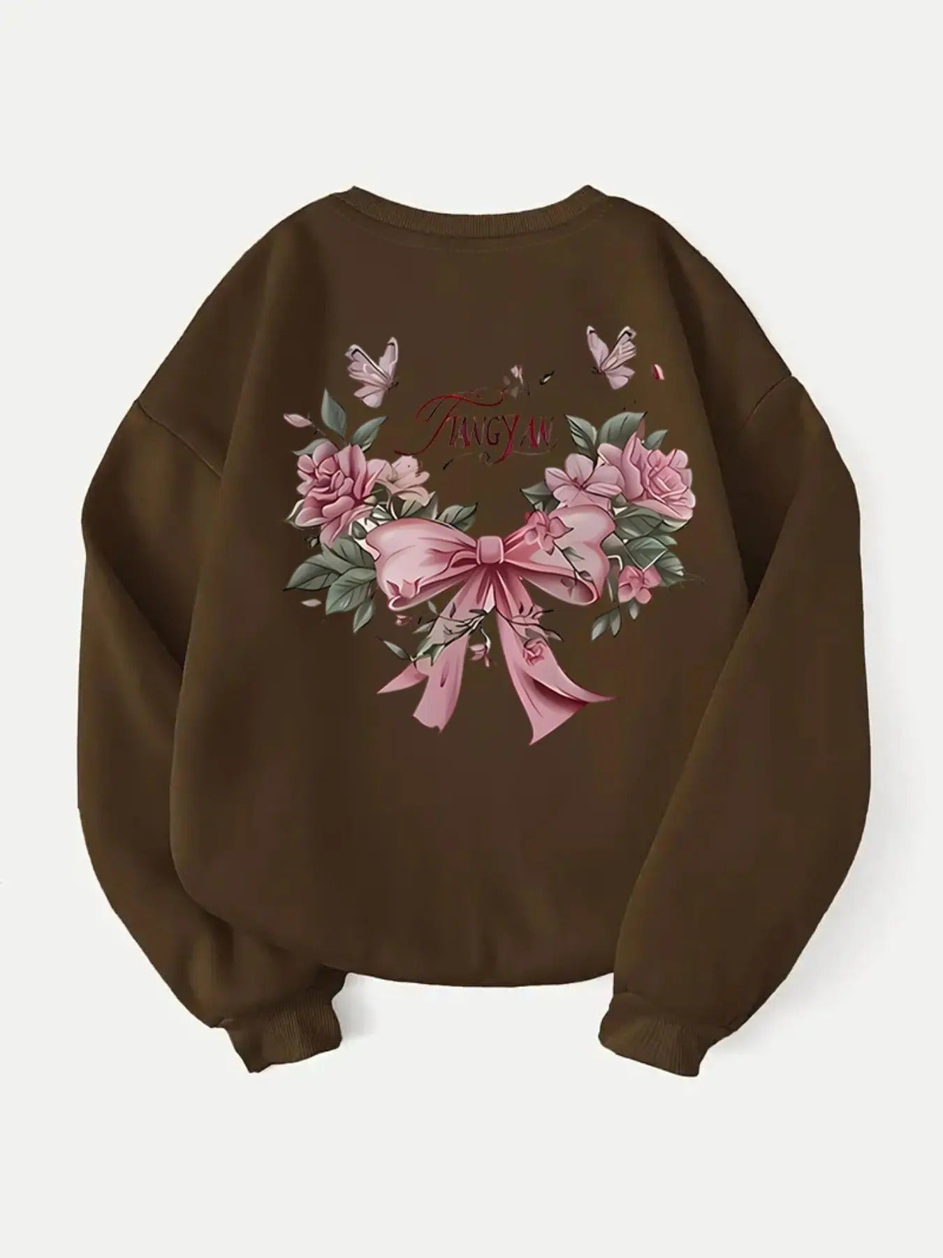 Women'WB shield Cartoon Bow & Plants Print Crew Neck Pullover, Fashion Casual Sweatshirt for Daily Holiday Outdoor Wear,...