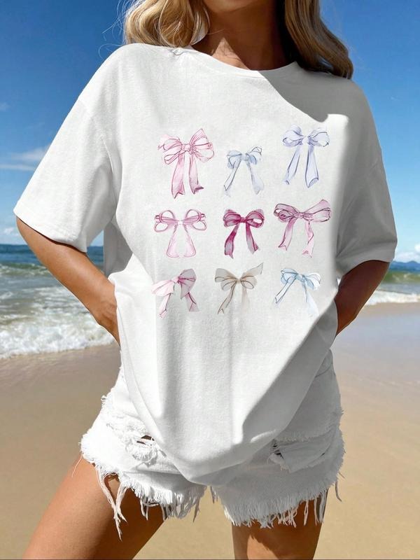 Women'WB shield Cartoon Bow Print Round Neck Tee, Fashion Casual Short Sleeve T-shirt, Ladies Summer TNF for Daily Wear, Top