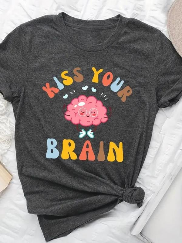 Women'WB shield Cartoon Brain & Letter Print Round Neck Graphic Tee, Vintage Trendy Casual Short Sleeve T-shirt for Daily...