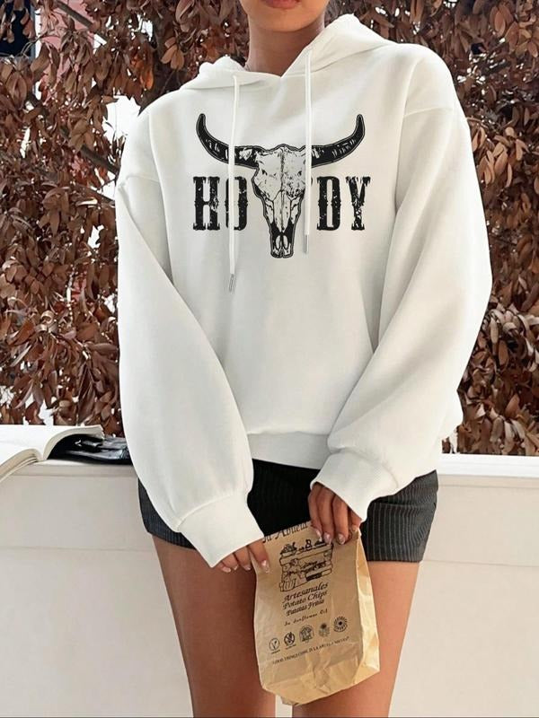 Women'WB shield Cartoon Bull Head & Letter Print Hoodie, Casual Long Sleeve Hooded Sweatshirt for Fall & Winter, Women'WB...