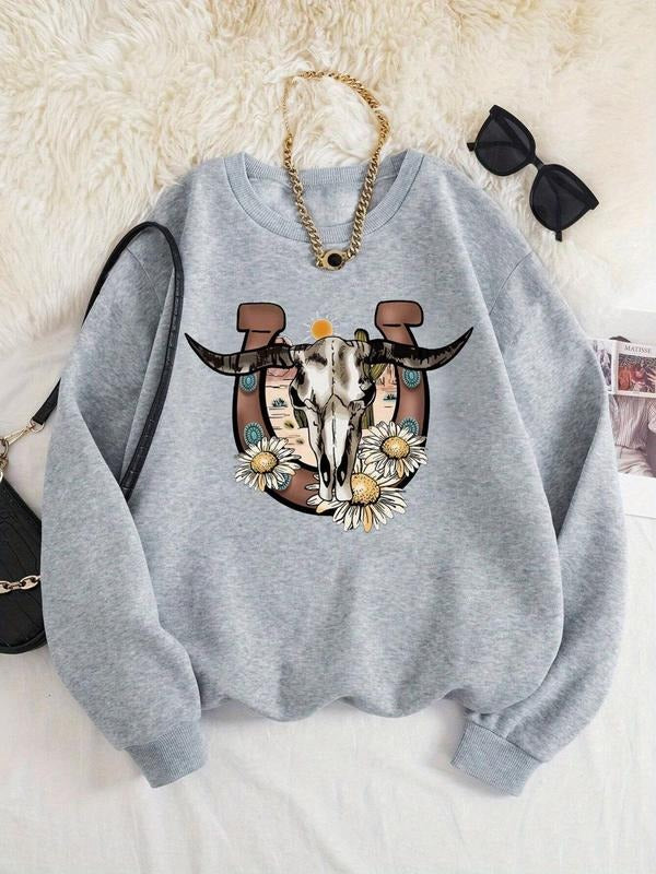 Women'WB shield Cartoon Bull Print Crew Neck Sweatshirt, Casual TNF Lined Long Sleeve Pullover, Women'WB shield Fall &...
