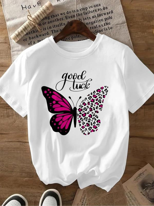 Women'WB shield Cartoon Butterfly & Leopard Print Round Neck Tee, Fashion Casual Crew Neck T-Shirt for Daily Holiday...