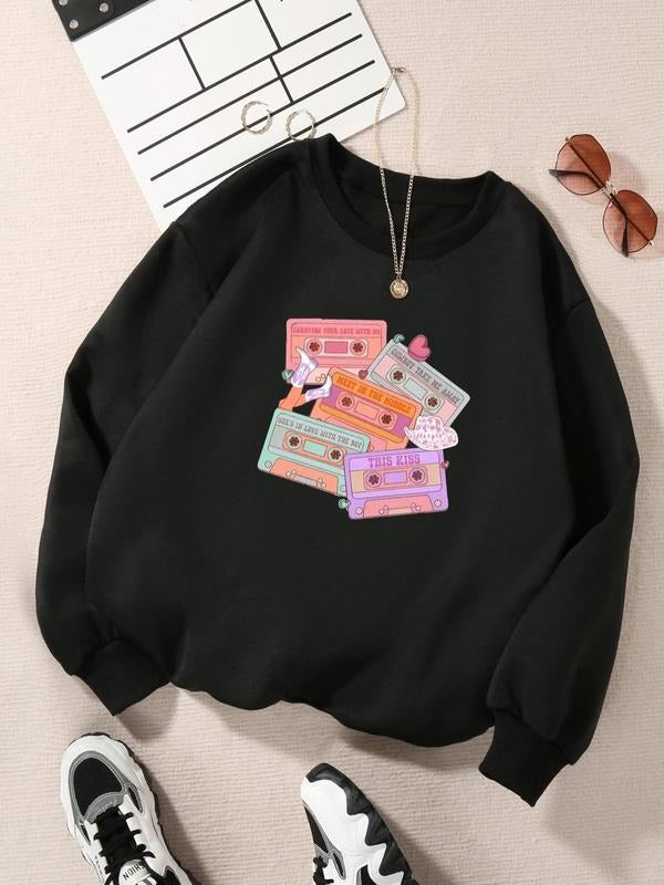 Women'WB shield Cartoon Cassette Tape Print Drop Shoulder Sweatshirt, Casual Long Sleeve Round Neck Pullover for Fall &...