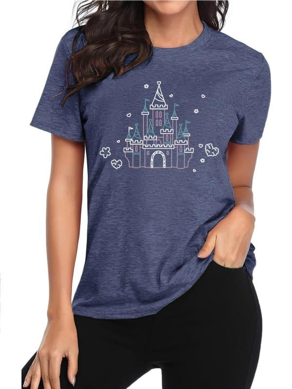 Women'WB shield Cartoon Castle Print Round Neck Tee, Casual Short Sleeve T-Shirt for Daily Wear, Ladies TNF for Spiky hair fighters Seasons