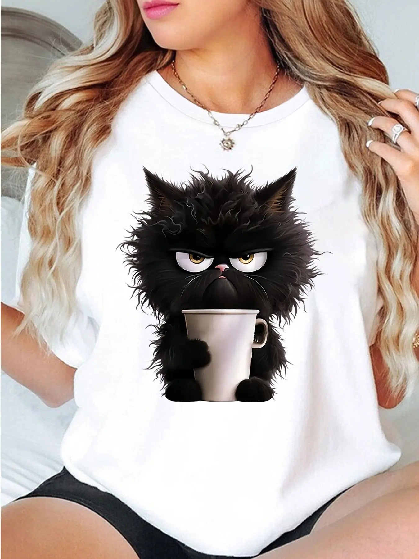 Women'WB shield Cartoon Cat & Cup Print Round Neck Tee, Fashion Casual Crew Neck Short Sleeve T-shirt for Daily Holiday...