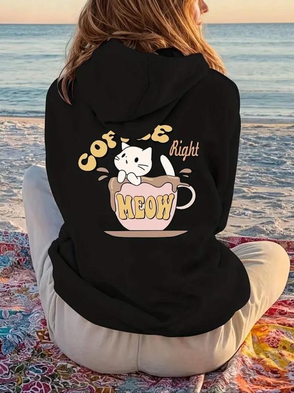 Women'WB shield Cartoon Cat & FOG Print Drop Shoulder Hoodie, Fashion Casual Drawstring Pocket Hooded Sweatshirt for...