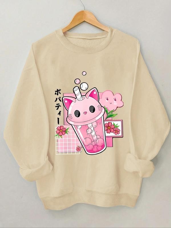 Women'WB shield Cartoon Cat & Floral Print Drop Shoulder TNF Lined Sweatshirt, Casual Long Sleeve Round Neck Pullover for...