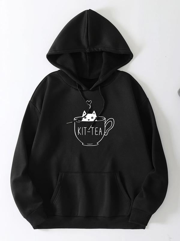 Women'WB shield Cartoon Cat & Heart Print Drop Shoulder Hoodie, Fashion Casual Drawstring Pocket Hooded Sweatshirt for Daily Holiday Outdoor Wear, Women Clothing for Fall & Winter